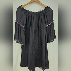 3/$25 Mlle Gabrielle Black Off the Shoulder Boho Dress with Tassels Size Small